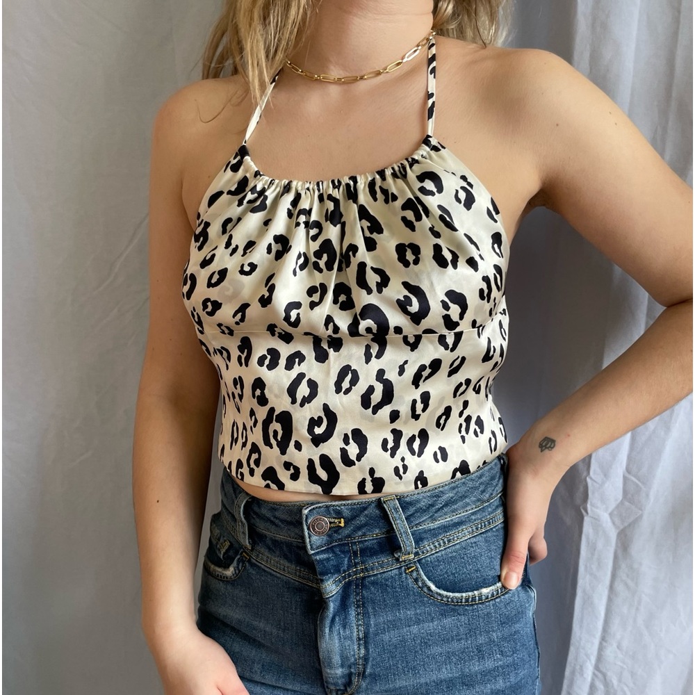 Reformation Wade 100% Silk Snow Leopard Satin Halter Top L